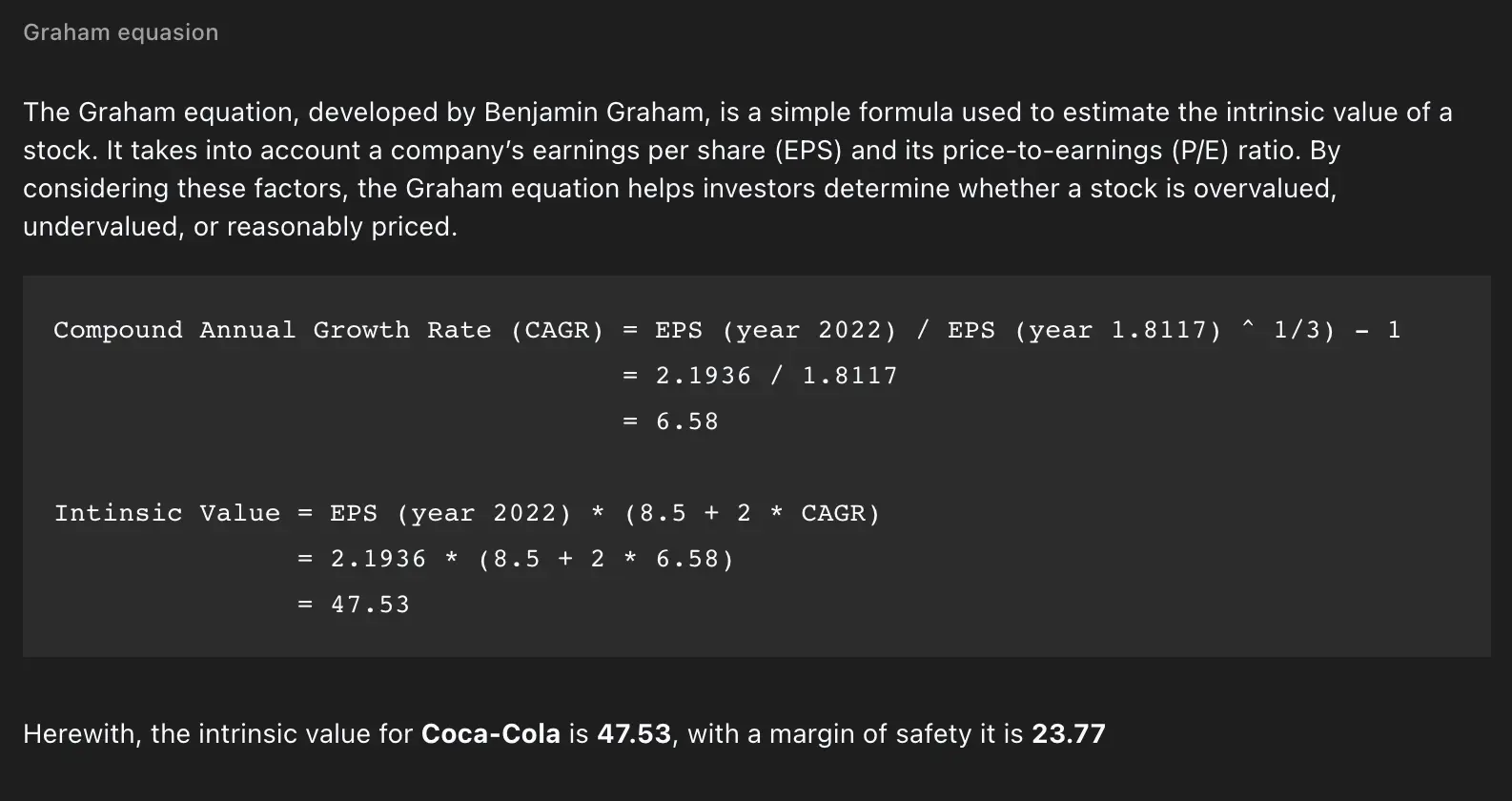 Graham equation for Coca Cola (KO)